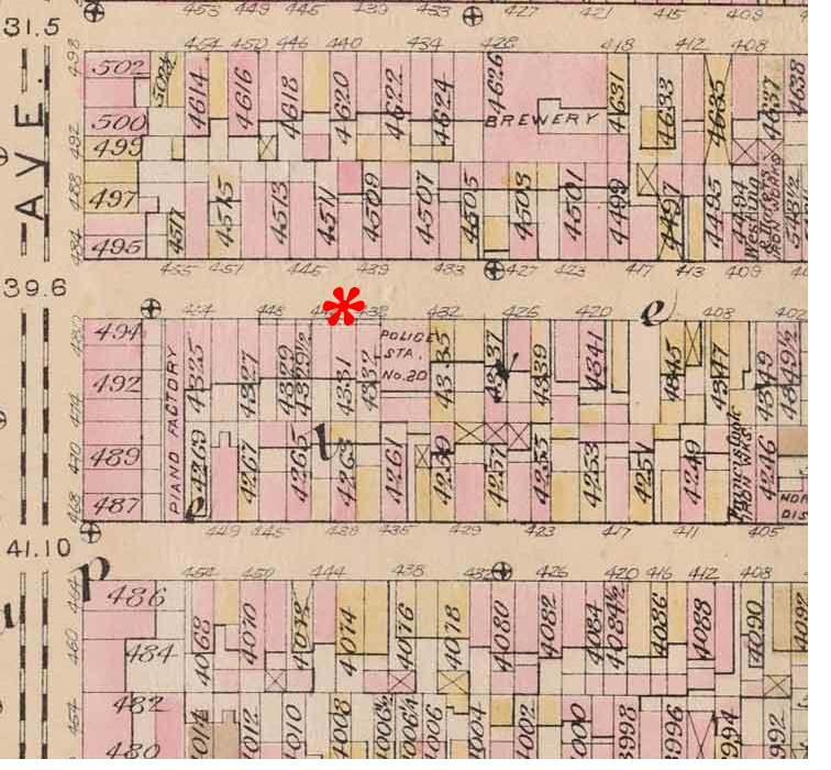 Sanborn-style block map showing 438 West 37th Street with adjacent piano factory and police station