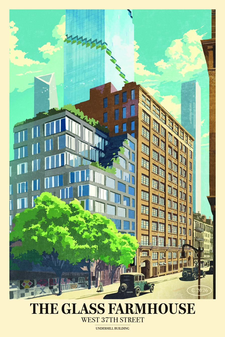 Commissioned illustration showing the Glass Farmhouse today next to a new luxury residential building under construction with the Hudson Yards skyscrapers behind, while a 1930s Model A sits parked at the curb in the foreground