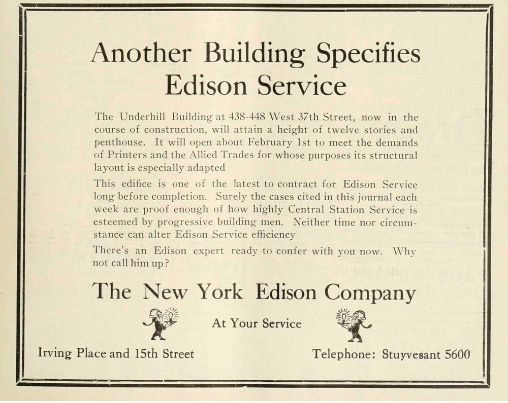 August 1914 newspaper advertisement: Another Building Specifies Edison Service — The Underhill Building at 438-448 West 37th Street